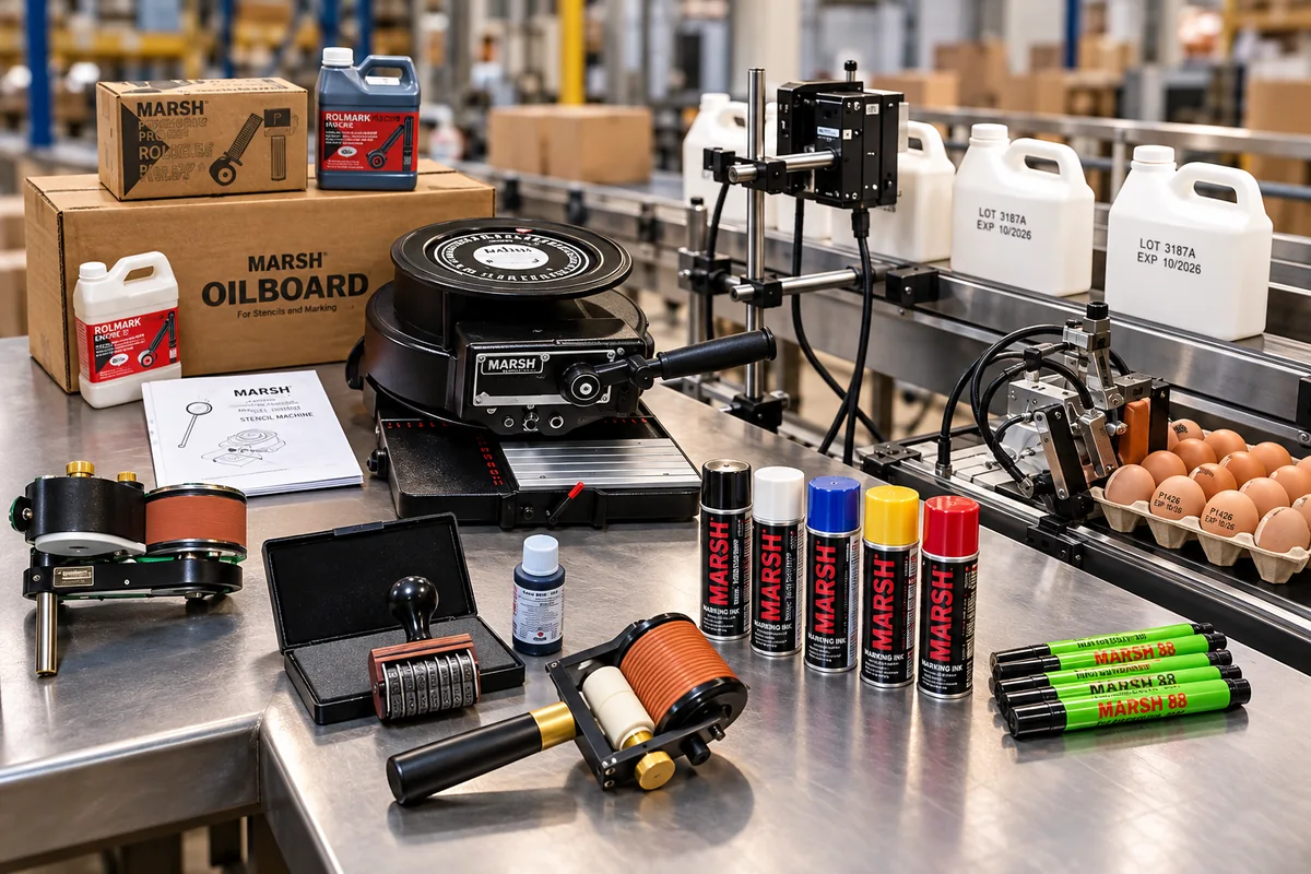 Industrial marking technologies including hand markers, hand stamps, roller coders, stencil equipment, spray inks and automated coding systems