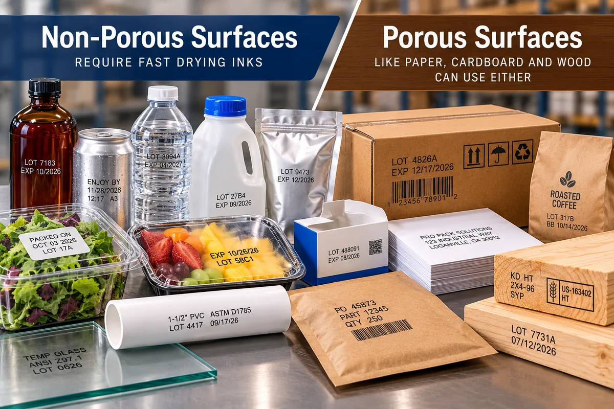 Examples of non-porous glass, plastic and metal packaging alongside porous cardboard, paper and wood with printed codes